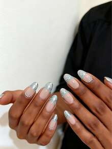 24 Pieces Of Oval French Diamond Encrusted 3D Acrylic Manicure Patches, Including 1 Piece Of Jelly Glue And 1 Nail File. Retro Full Coverage Manicure, Suitable For Women And Girls Gatherings, Parties And Daily Use. - Multicolor - View 7