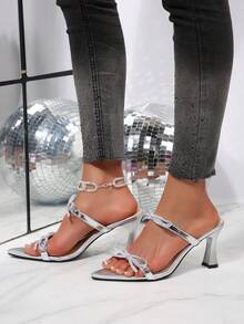 2026 Summer New Pointed Toe Wineglass Heel Bowknot Rhinestone High Heel Sandals, Suitable For Dates And Commuting - Silver - View 2