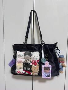 Japanese Style Anime Casual Nylon Daily Life Transparent Corn Doll Shoulder Bag, Large Capacity For Women, Suitable For Shopping, Commuting, Party, Comic Con, Gift - Black - View 3