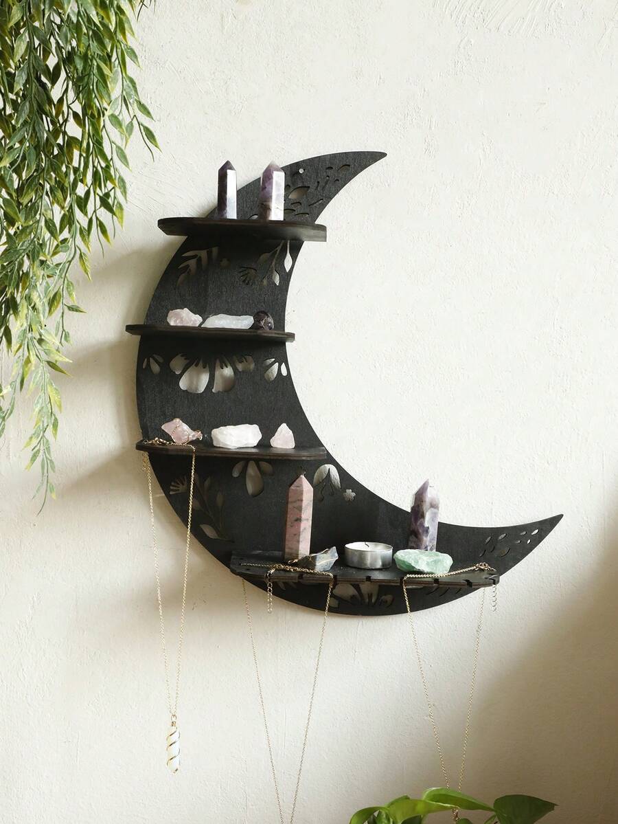 1pc Black Moon Decorative Wall Shelf Gothic Witchy Style Crystal Display Organizer Crescent Shape Layered Tier Storage Rack Carved Detail Jewelry Holder Altar Accent Aesthetic Wall Decor For Bedroom Living Room Meditation Room Apartment Dorm Studio Home Decoration