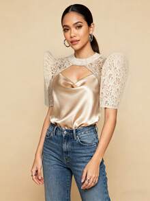 1pc Butterfly Sleeves Filipiniana Lace Cropped Top, Suitable For Festivals, Vacations, Dates, Travels, Spring/Summer - Champagne - View 4