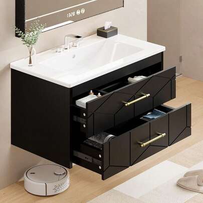 Vanidad de baño de 30 pulgadas con lavabo Combo, Vanidad de baño flotante con lavabo de cerámica, 2 cajones grandes con mango de oro, diseño de cierre suave, fácil montaje