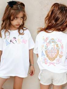 Disney Girls' T-Shirt Featuring A Double-Sided Cartoon Print Of Disney Castles. This Spring/Summer Round-Neck T-Shirt For Girls Is Made From Soft, Comfortable Fabric, Perfect For Everyday Wear-Whether Shopping, Playing, Or Heading To School. - trắng - Xem 1
