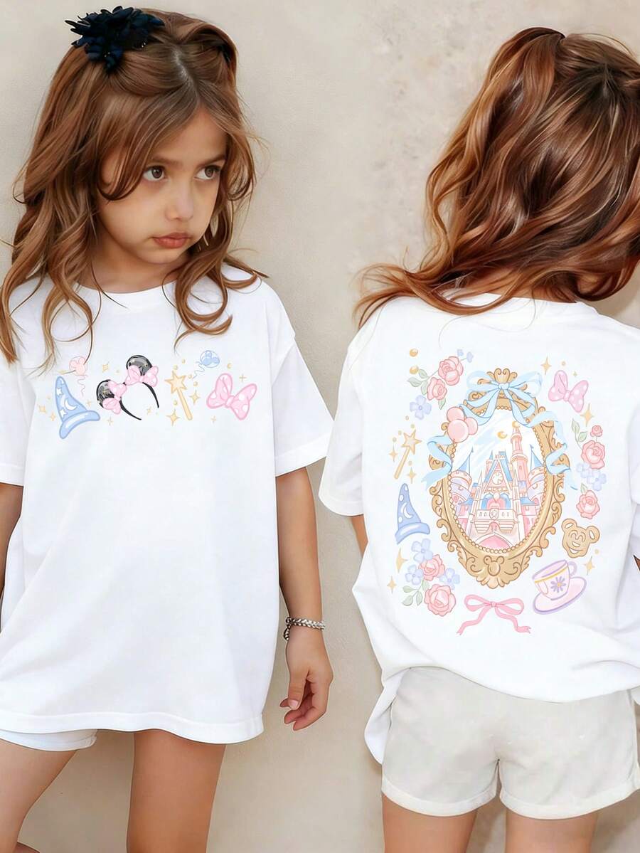 Disney Girls' T-Shirt Featuring A Double-Sided Cartoon Print Of Disney Castles. This Spring/Summer Round-Neck T-Shirt For Girls Is Made From Soft, Comfortable Fabric, Perfect For Everyday Wear-Whether Shopping, Playing, Or Heading To School. - trắng - Xem 1