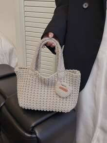 2pcs Knitted Fashion Bucket Bag Set, Mother-Daughter Matching Hollow Square Casual Handbag For Women - Beige - View 3