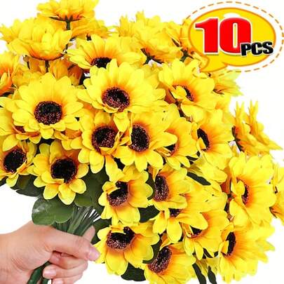 1/10PCS Artificial Sunflower Bouquet 7 Big Heads Outdoor Silk Sunflower Realistic Fake Sunflower Flowers Durable Faux Floral Bouquet Perfect For Garden Bookstore Wedding Autumn Festival Party Home Living Room Bedroom Table Centerpieces DIY Floral Arrangement Indoor Outdoor Decorative Ornament Supplies