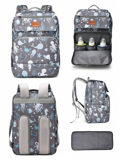 1个可爱水母印花婴儿尿布包，大容量妈妈包，适合户外活动，可装尿布、奶瓶、湿巾，带保温口袋和婴儿车挂带，适合工作、旅行和度假。