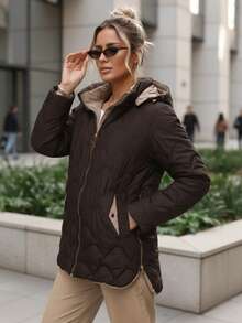 Steppjacke für Damen mit abnehmbarer Kapuze und Reißverschluss, kurze, hüftlange Übergangsjacke mit Seitentaschen, Steppjacke mit verstellbarer Kapuzenschnalle und geradem Schnitt, leichte Damenjacke mit glattem Futter. - Braun - Übersicht 4
