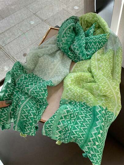 1pc Simple Printed Scarf, Lightweight Breathable Tassel Shawl, Elegant Style Fashion Women Silk Scarf, Versatile Large Scarf For Spring/Summer, Outdoor Sun Protection Beach Wrap, Headscarf