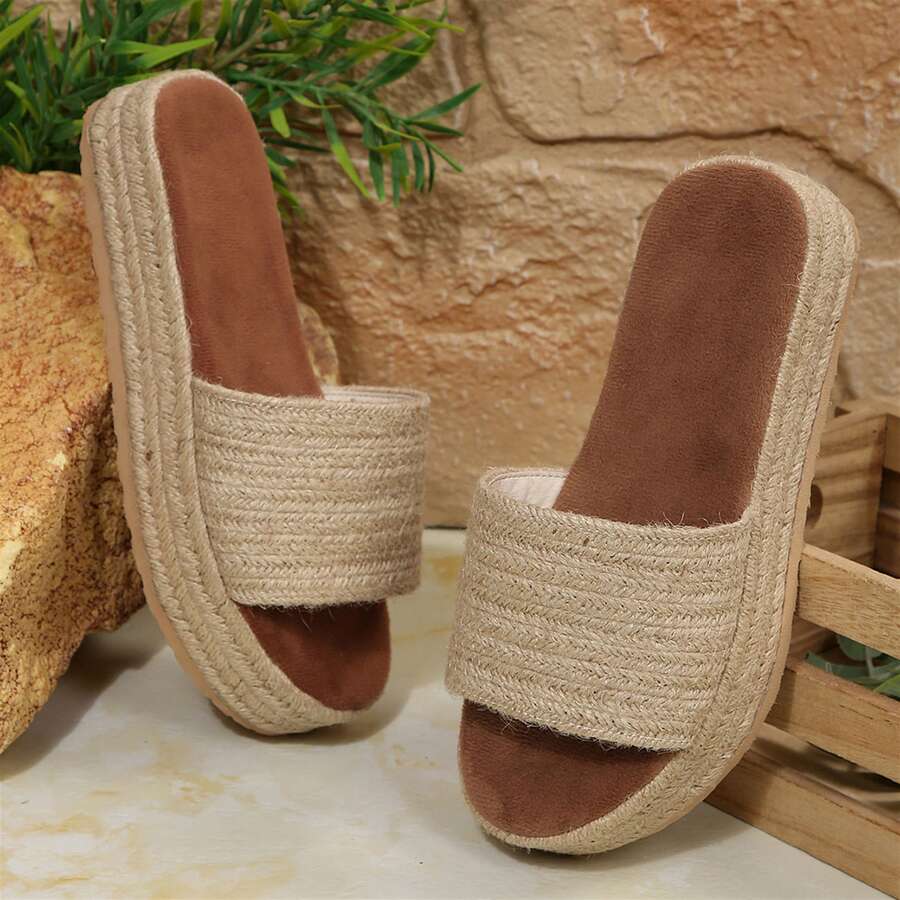 Summer Women Slides Shoes Sandals For Women Flats Outdoor Walking Travel Platform Sandals Open Toe Beach Bohemia Jute Sole Lightweight Comfortable - Màu be - Xem 1