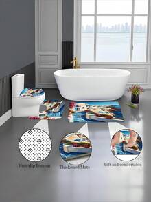 1/4件套雅典城堡风景印花防水浴帘套装，包含12个挂钩、防滑垫、U型垫和马桶盖套，加厚涤纶材质，防霉，解决浴室积水问题。 - A - 查看 5