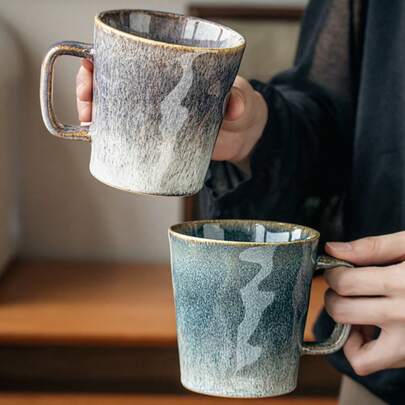 1 Pair Handmade Ceramic Mugs With Water Ripple Glaze | Gradient Ceramic Art Coffee Cups | 400ml Large Capacity Suitable For Coffee, Tea And Various Beverages | Microwave And Dishwasher | Unique Water Cup For Modern Home And Office, Great Gift For Art And Coffee Lovers