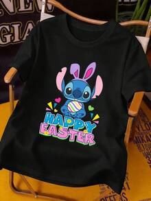 EASTER | Disney Unisex Casual Round Neck Short Sleeve T-Shirt, Happy Easter Stitch Bunny Holding Easter Eggs Cute Cartoon Lilo & Stitch Easter Bunny Spoof Egg Hunt Tee TopAS - Black - View 1