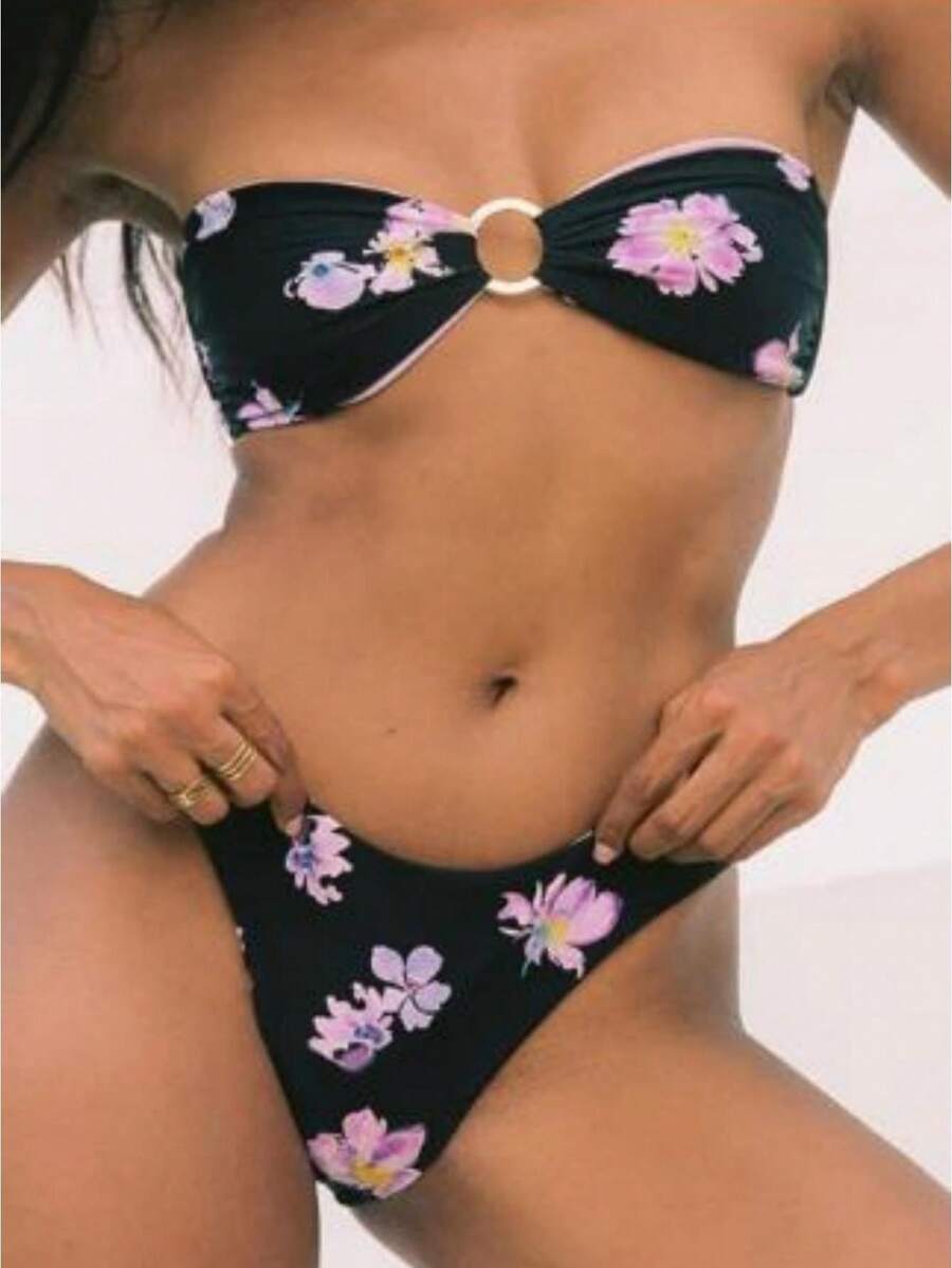 Women Floral Bandeau Bikini Set O Ring Strapless Tie Back Bikini Top High Cut Cheeky Thong Bathing Suit - 黑色 - 查看 1