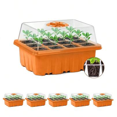 5pcs Orange Seedling Pots With Short Lids, 12-Hole Seedling Tray, Adjustable Breathable Seedling Box With Transparent Cover, Large Capacity Insulation And Moisture Preservation For Home Gardening And Hydroponics
