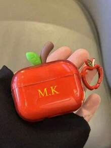 Customized (2 Pieces Set, Including Apple Hook) Apple Graphic Semi-Transparent Cute 3D Apple Protective Case For AirPods Pro 3/Pro 2/3rd Gen Bluetooth Earphones, Compatible With AirPods 2/4th Gen, Customized Letter Name - Red - View 1