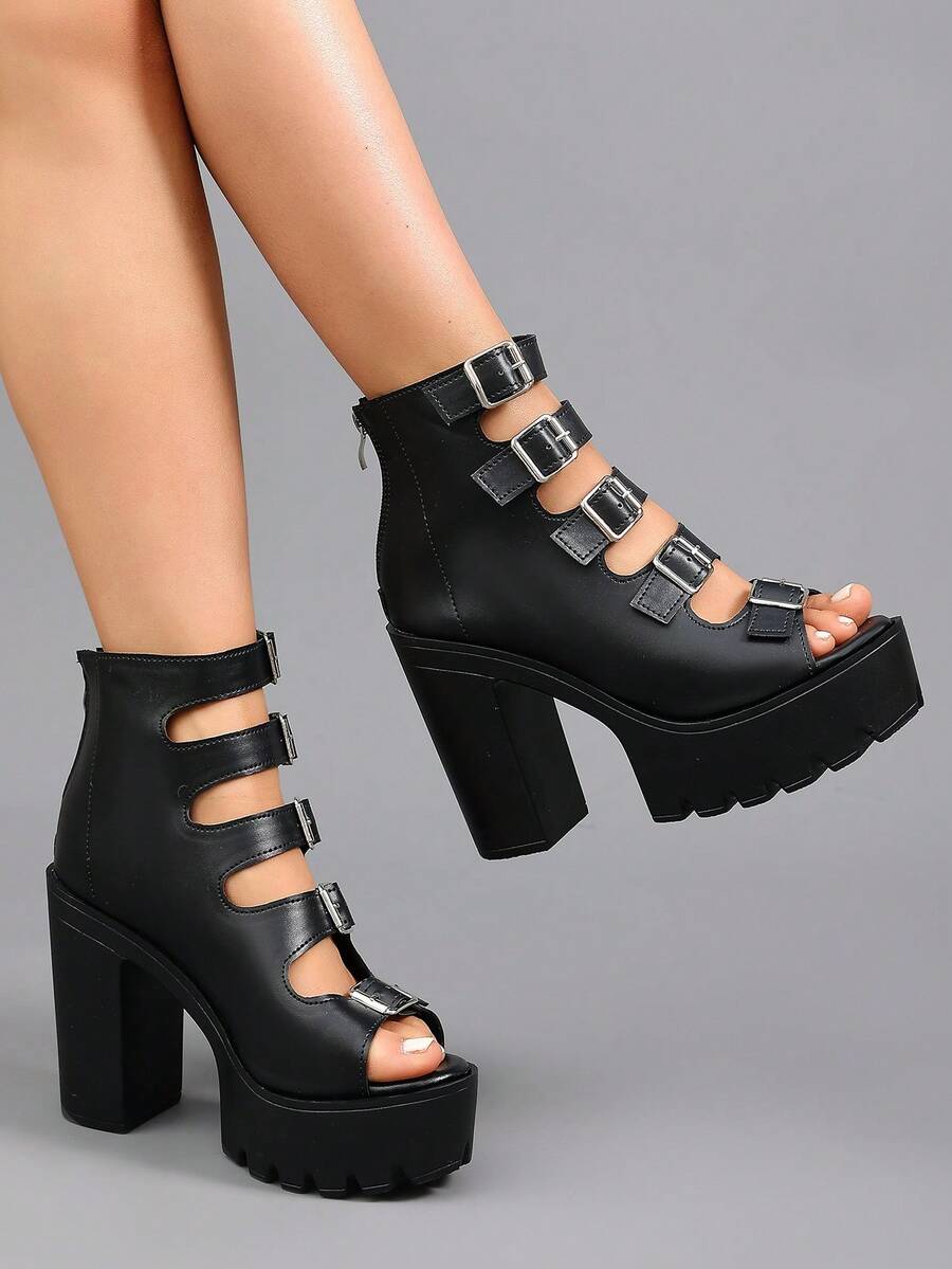 Women's Peep-Toe Thick Bottom Chunky Heel Hollow Design Strappy Street High Heel Ankle Boots - Black - View 1