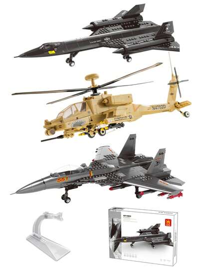 Large Size Armored Airplanes Building Block Toy Set(Color Box Packing), Military Aircrafts Building Block Sets For Kids/Teen/Adults - Simulative Models SR-71 Blackbird Reconnaissance, AH-64 Attack Helicopter, J-15 Flying Shark Carrier-Based Fighter - Universal Plane Display Stand Model Bracket - Collectable Models Airplane Toys Kits, Home Office Desktop Decor Christmas Birthday Gifts