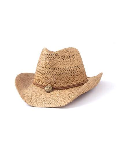 1pc Solid Color Bohemian Hollow-Out Western Cowboy Straw Hat, Windproof Rope Design, Fashion Versatile Unisex For All Seasons