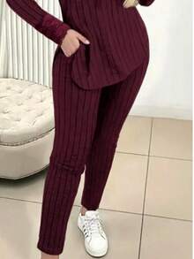 Women's Casual Solid Color Sweatshirt And Pants Set With Drawstring - Autumn Style - Burdeos - Ver 1