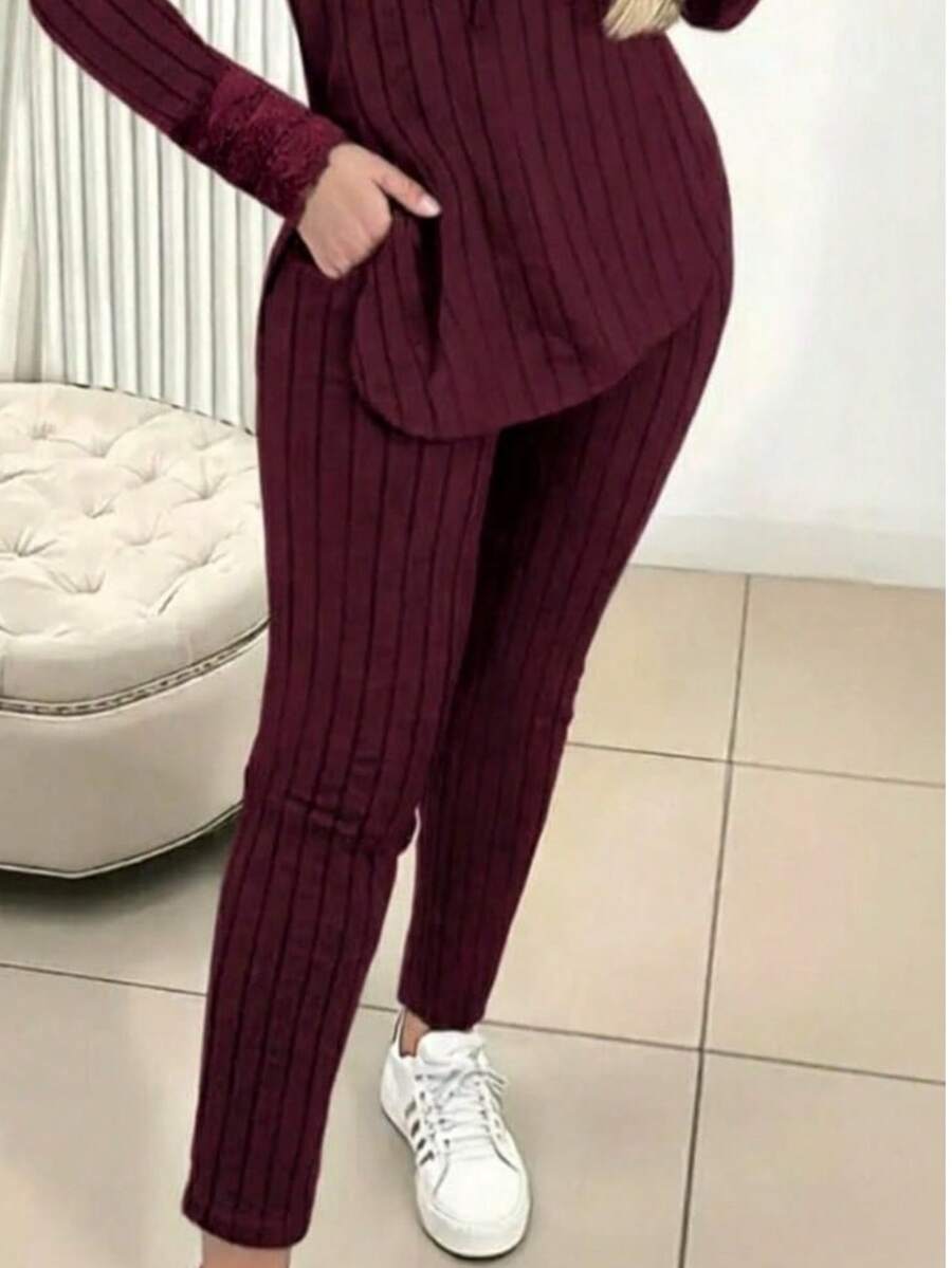 Women's Casual Solid Color Sweatshirt And Pants Set With Drawstring - Autumn Style - Burdeos - Ver 1