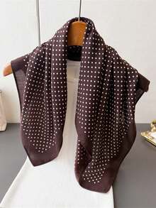 1pc Fashionable Casual Polka Dot & Herringbone Print Linen-Like Square Scarf/Headwrap, Faux Velvet, Versatile For Daily Wear And Travel - Brown Polka Dots - View 1
