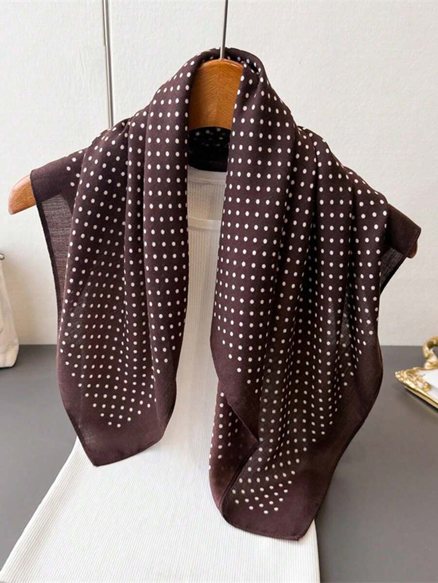 1pc Fashionable Casual Polka Dot & Herringbone Print Linen-Like Square Scarf/Headwrap, Faux Velvet, Versatile For Daily Wear And Travel - Brown Polka Dots - View 1