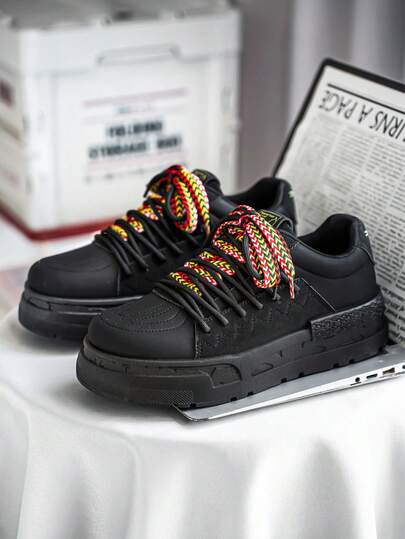 Black Fashion Woven Shoelaces Decor Men's Sneakers, Non-Slip Wear-Resistant Leather Upper Comfortable Thick Sole Sports Shoes, Suitable For Outdoor Street Casual Wear All Seasons
