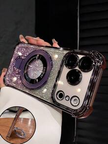 Sequins,Diamond Luxury Electroplated Fashion Purple Phone Case With Foldable Stand, Protective Soft Cover With Built-In 4 Airbags [ Anti-Drop Drop-Resistant Shockproof ], High-Quality And Durable, Rhinestone Glitter Sparkle Stylish Design For Men And Women, Compatible With IPhone 17 16 16e 15 14 13 12 11 X/XS XR SE 2020 2022 - Pro Max Plus Mini Air - Purple - View 2