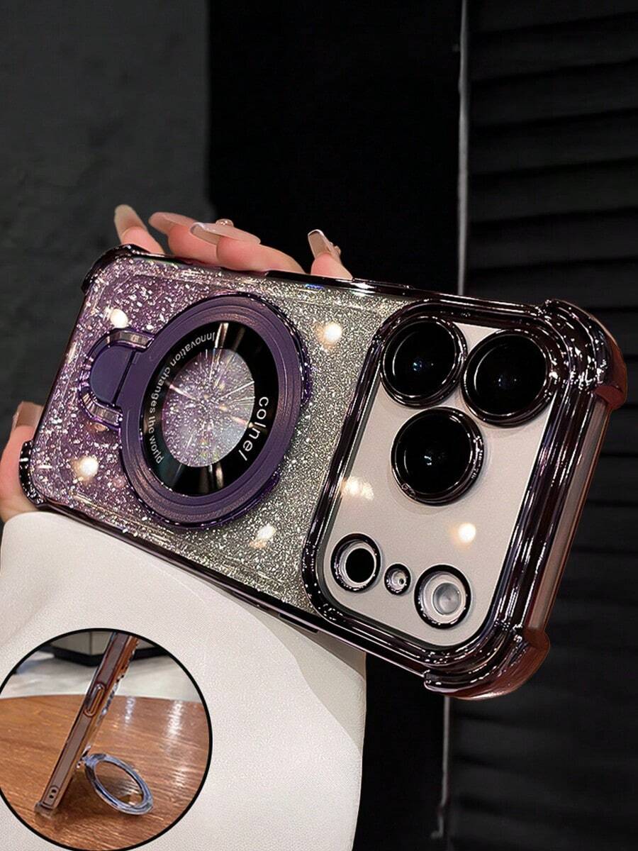 Sequins,Diamond Luxury Electroplated Fashion Purple Phone Case With Foldable Stand, Protective Soft Cover With Built-In 4 Airbags [ Anti-Drop Drop-Resistant Shockproof ], High-Quality And Durable, Rhinestone Glitter Sparkle Stylish Design For Men And Women, Compatible With IPhone 17 16 16e 15 14 13 12 11 X/XS XR SE 2020 2022 - Pro Max Plus Mini Air