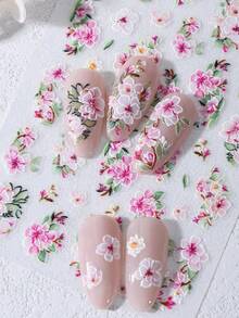 SWEET TREND 2片装5D樱花美甲贴纸，白色渐变粉色花瓣和绿叶，春夏法式花卉印花设计，DIY浪漫优雅自粘美甲贴花 - 彩色 - 查看 6