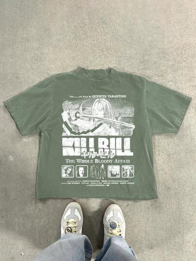 Men's Vintage Distressed Anime Slogan Print T-Shirt, Spring/Summer