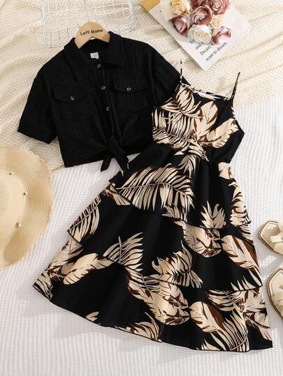 Left Mama 2pcs/Set Girls Elegant Floral Print Camisole Dress & Short Sleeve Cardigan Outfit, Suitable For Beach & Holiday In Summer