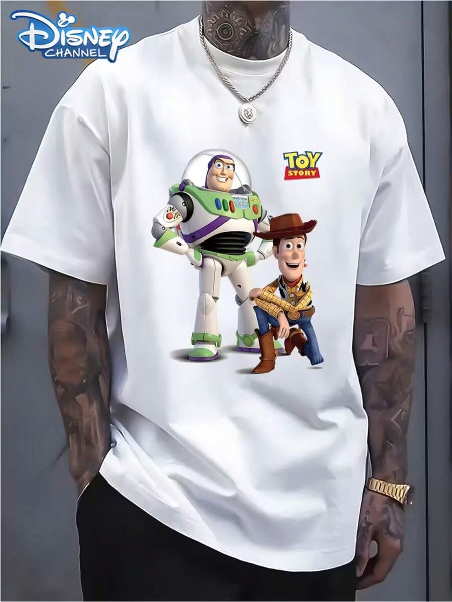 Authorized By Disney, Disney Toy Story T-Shirt Buzz Lightyear Woody Printed Heavy Cotton Men's Short Sleeves, Which Is A Must-Have Item In Summer And A Gift For Disney Couples. - White - View 1