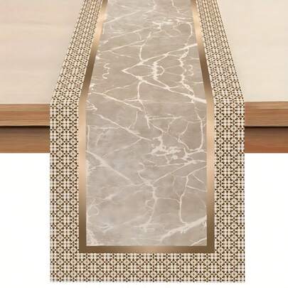 1pc Luxurious Geometric Rose Golden Table Runner - Marble-Inspired Design With Beige And Golden Accents, Durable Polyester Fiber Rectangular Kitchen Dining Room Decor, Suitable For Home Parties, Weddings, Anniversaries - Elegant Gift Idea