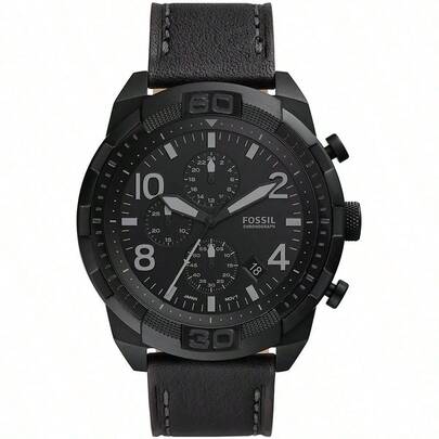 Fossil Men's Quartz Wristwatch With Black Leather Strap, Three-Dial Display, Business Sport Style, Suitable For Daily Work And Date Wear. FS5874