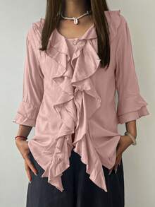 Conjunto casual de primavera/verano para mujer, camisa de bolsillo con botones y dobladillo con doble volante de unicolor, estilo retro, cómoda y transpirable, diseño de dobladillo con volante de alta calidad, camisa suelta y de moda con diseño de decoración de volante de unicolor, diseño único, camisa digna y elegante - Rosa - Ver 3