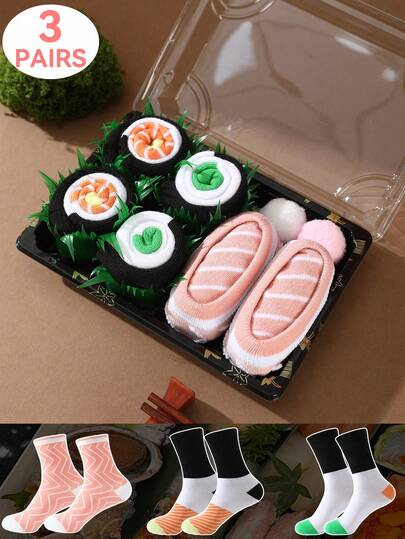 3 Pairs Of Multicolor Mid-Calf Gift Socks, Unisex Couples Gift Box, Soft Sushi Design, Creative Food-Inspired Patterns, Comfortable & Versatile, Suitable For Birthday, Valentine's Day, Easter, Ramadan, Date, Family Gathering, Party, Novelty Fashion Casual Wear