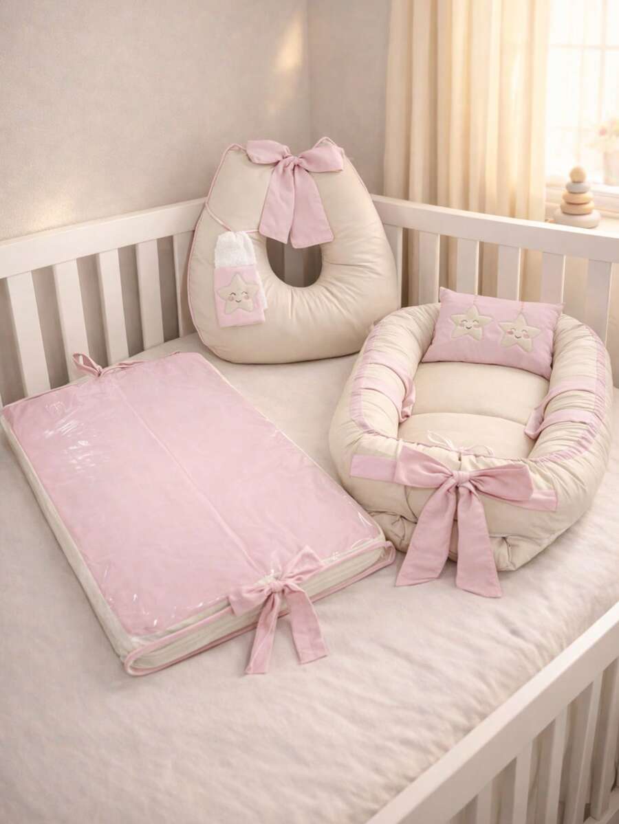 3-Piece Set: Baby Nest Reducer + Nursing Pillow With Towel + Waterproof Changing Mat With Embroidered Appliqué - 粉紅鹽 - 查看 1
