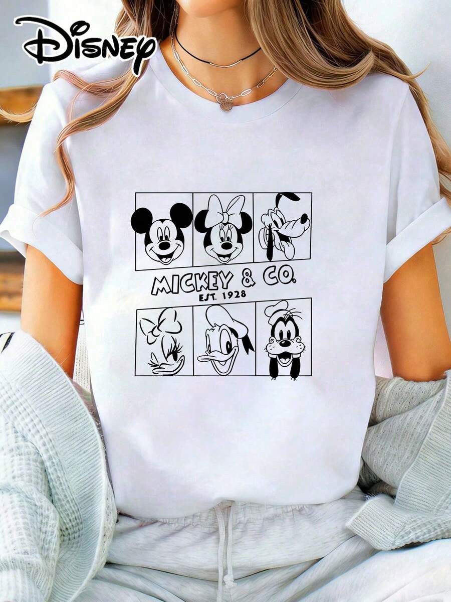 This Disney Mickey And Friends Printed Women's Short-Sleeved, Loose-Fitting Cotton T-Shirt Is Perfect For Taking Photos At Disneyland, As A Travel Souvenir, For Everyday Casual Wear, Or For Matching Family Outfits. It Also Makes An Ideal Valentine's Day Gift For Friends And Family. A New Spring Style, This Women's Clothing Is Comfortable And Skin-Friendly, Suitable For Outdoor Wear. - White - View 1