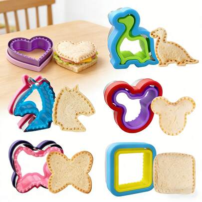 6Pcs Upgraded Sandwich Cookie Cutter & Sealer Set, Uncrustables Sandwich Maker With Bear Dinosaur Star Shapes, For Kids Lunch Bento Box, Multiple Colors