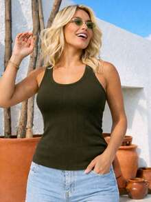Women's Basic Ribbed Tank Top - Verde militar - Ver 1