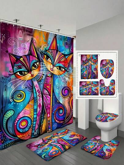 1/4pcs Colorful Abstract Cat & Flower Pattern Polyester Fabric Shower Curtain, Bathroom Decor Partition Curtain Set With Hooks, Waterproof Shower Curtain, Non-Slip Bath Mat, U-Shaped Toilet Rug, Toilet Lid Cover - Modern Style, Suitable For Home Decor, Bathroom Decoration And Accessories, Easy To Clean And Maintain, Elegant Housewarming Gift - Fit For All Seasons