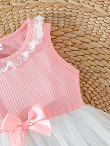 Đầm công chúa không tay màu hồng phối lưới trắng nhiều lớp cho bé gái, cổ ren. - Hồng - Xem 4