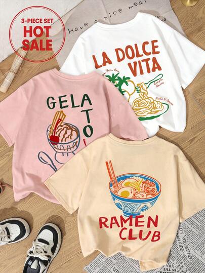 3pcs/Set Summer New Minimalist Ins Hand-Painted Ramen Graphic Combo Print Round Neck Short Sleeve T-Shirt, Fashionable Versatile Casual Wear For Women