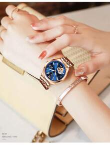 POEDAGAR 1 chiếc đồng hồ nữ thời trang mạ vàng hồng, dây thép không gỉ, hiển thị ngày, máy quartz, đính đá, đồng hồ đeo tay nữ thanh lịch, chống nước, dạ quang, phù hợp cho các dịp hàng ngày, quà tặng cho phái nữ. - Hoa hồng vàng - Xem 10