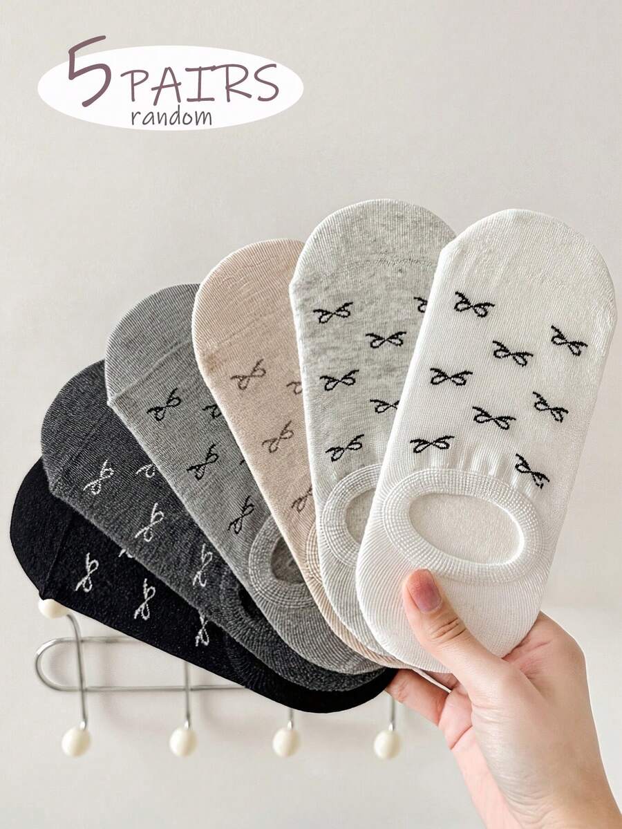5 Pairs Women's Spring/Summer Essential Transparent Bow Tie Low Cut Invisible Socks, INS Fashion Versatile White Soft Breathable Non-Binding Socks, Suitable For Students (Random Delivery) - Multicolor - View 1