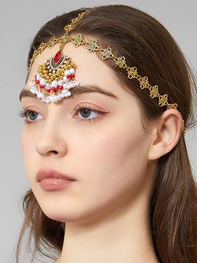 1pc Oxidized Plated Vintage South Asian Style Beaded Geometric Artificial Crystal Colorful Tassel Metal Headchain, Suitable For Festivals, Parties, Headpiece