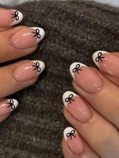 24pcs Y2K Black Bow Minimalist French Style Short Round Fake Nails, Nail Art Stickers Suitable For Any Occasion