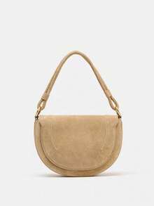 ZA New Autumn Women's Burgundy Saddle Bag, Contrast Stitching Design, Handheld/Shoulder/Crossbody Hard Cover Flap Bag - Khaki - View 2